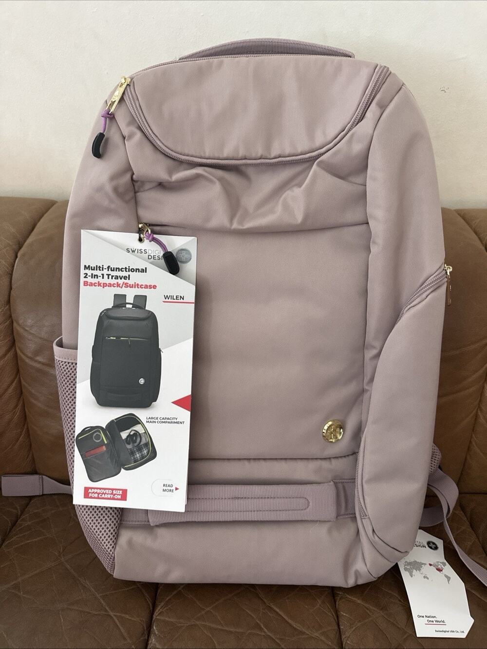 Swissdigital Design Multi-functional 2-In-1 Travel Backpack/Suitcase Mauve Pink